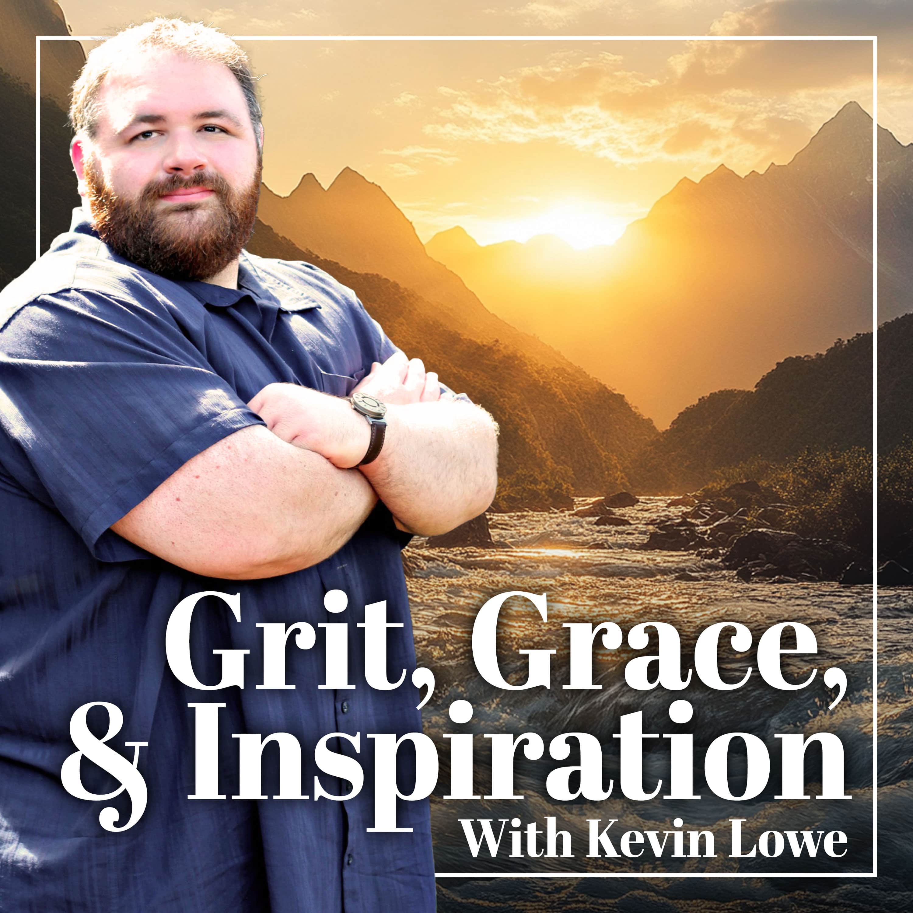 Kevin stands on the left with his arms folded, wearing a dark navy short-sleeved shirt and a wristwatch. He has short brown hair, a full brown beard, and a slight smile. Behind him, golden sunlight shines between rugged mountain peaks over a rocky river valley. A thin white border frames the scene.